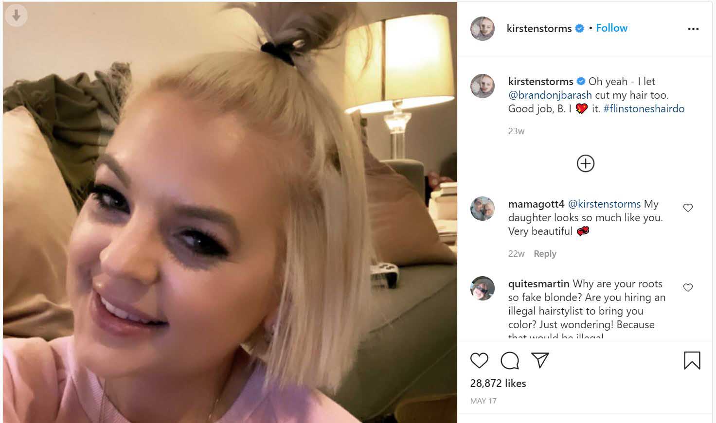 Post of Kirsten Storms getting haircut from former husband, Brandon.