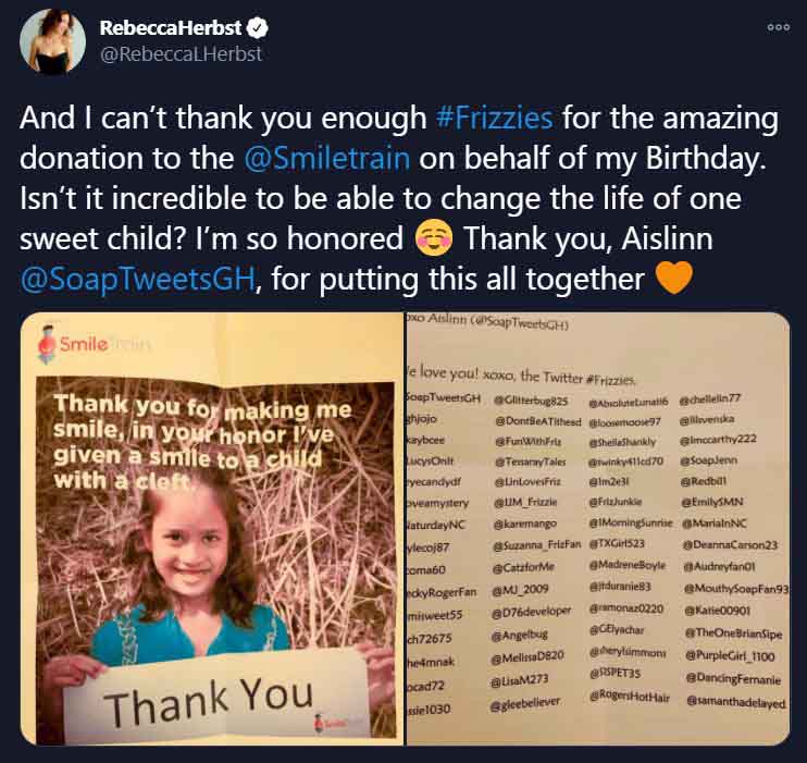 Screenshot of Rebecca Herbst post doing charity.